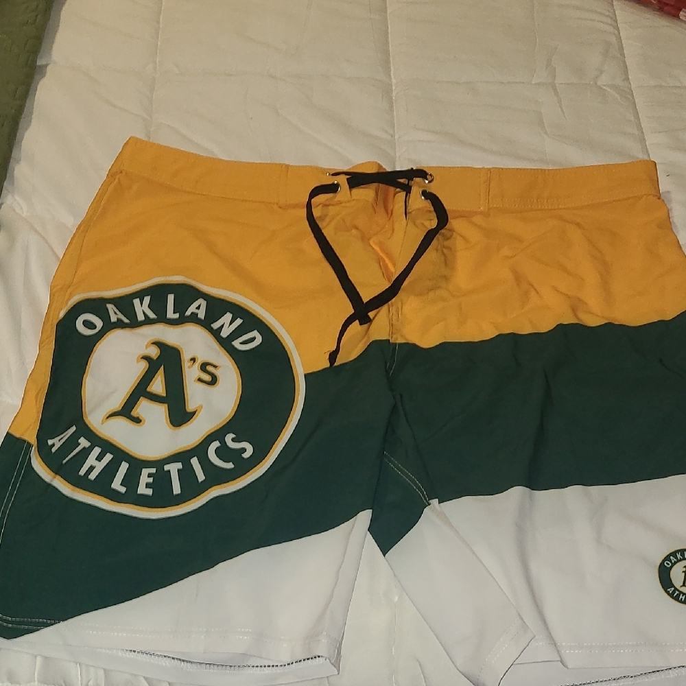 Oakland Athletics Men's Swim Trunks - Green, Yellow, and White